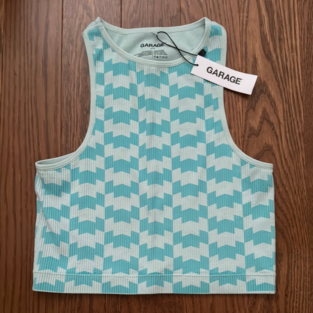 Garage Aqua Houndstooth Ribbed Crop Tank Top